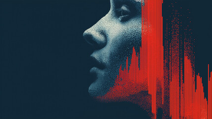 赤いグラフが重なり合う人物の横顔のイメージ