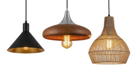 Three modern pendant lamps isolated on transparent background, interior design