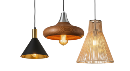 Three modern pendant lamps isolated on transparent background, interior design