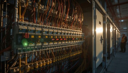 Obraz premium a detailed view of an industrial control panel with numerous wires and circuits