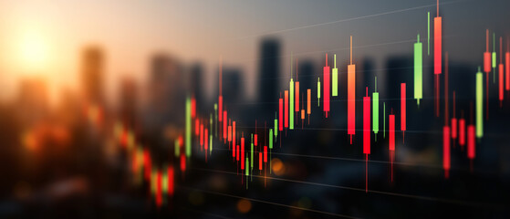 Abstract Blurred Stock Market Chart with Candlesticks. Financial Trading, Investment Analysis, City Skyline Background, Economic and Stock Market News Background. Panoramic bg