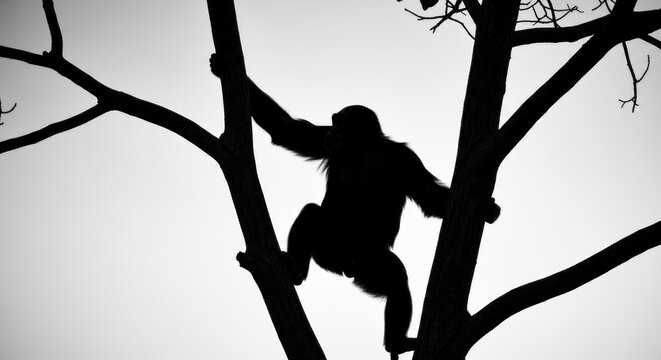 Silhouette of a chimpanzee climbing a tree, nature and wildlife. - Powered by Adobe