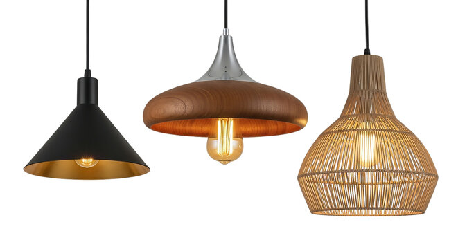 Three modern pendant lamps isolated on transparent background, interior design