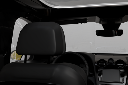 Modern dark car interior features black leather seats, dashboard, and steering wheel, with a visible rearview mirror and sunroof