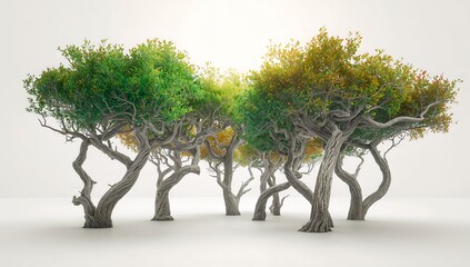 a cluster of trees featuring unique, winding trunks with lush foliage