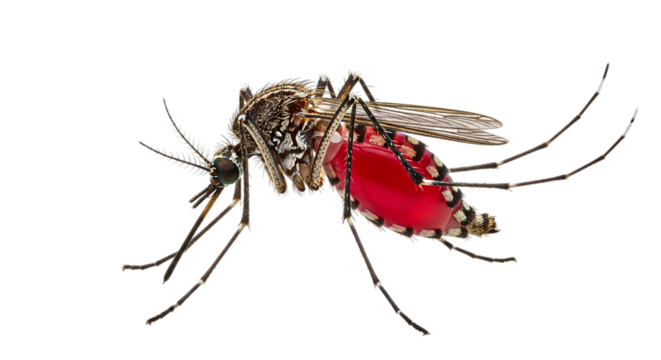 Closeup of a mosquito feeding on blood isolated on transparent background