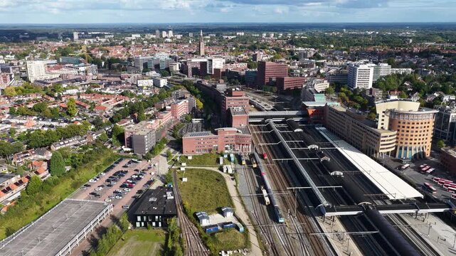 Amersfoort, Utrecht, Netherlands - 24th of September; Amersfoort Station and surrounding buildings from the air