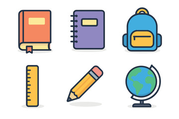 School supplies for students including books, notebooks, and more. Set of 6 vector illustration