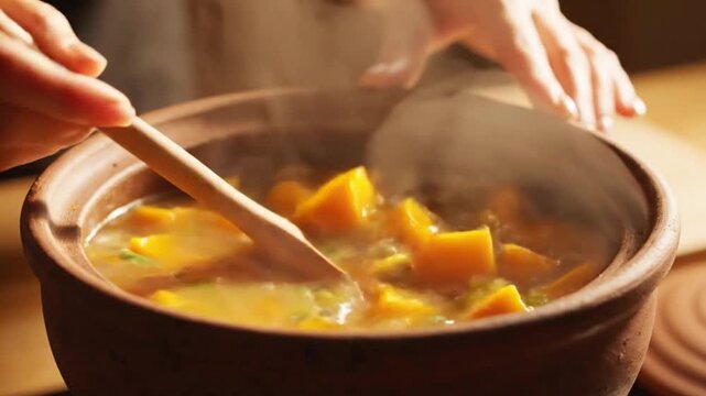 A man's hands stirring a delicious hot soup with pumpkin slices and green onions in a rustic clay pot, traditional home cooking with rising steam, Independence Day of Haiti