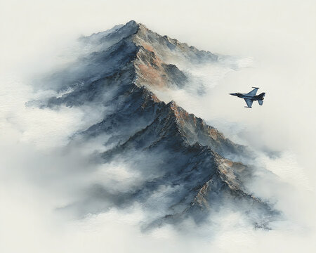 A dramatic depiction of an F-16 fighter jet soaring through the clouds near a majestic mountain range