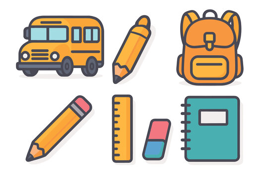 School supplies and transportation essentials for kids learning. Set of 6 vector illustration