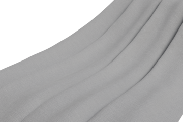 Close-up of a light grey, subtly textured fabric draped transparent  background. Soft folds and wrinkles create dynamic shadows and highlights, showcasing textile flow