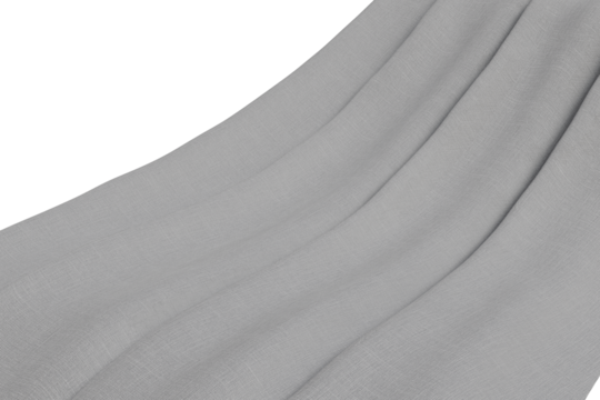 Close-up of a light grey, subtly textured fabric draped transparent  background. Soft folds and wrinkles create dynamic shadows and highlights, showcasing textile flow