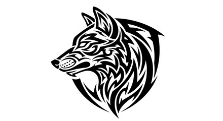 Stylized Black and White Wolf Head Tribal Tattoo Design.