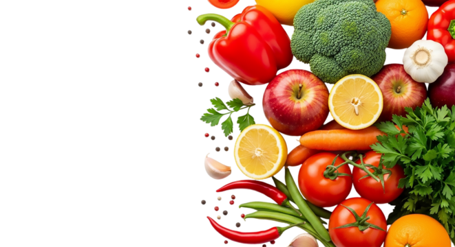 Fresh fruits and vegetables isolated on transparent background, healthy food