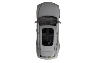 Top-down view of a sleek, light grey sport utility vehicle with a visible sunroof and interior. The modern car is isolated against a clean, transparent background