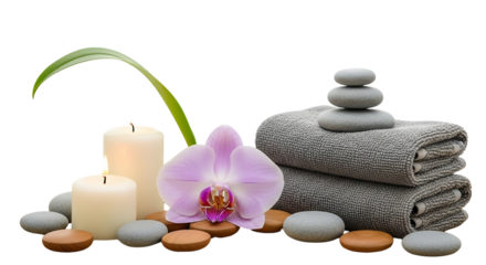 Spa still life with candles, orchid, towels and stones isolated on transparent background