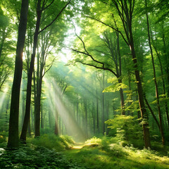Fototapeta premium A lush green forest with sunlight piercing through tall trees, creating a serene.