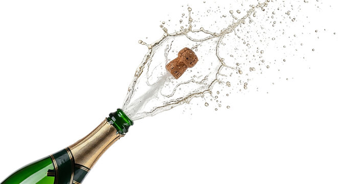 Champagne bottle explosion isolated on transparent background, celebrating a special occasion