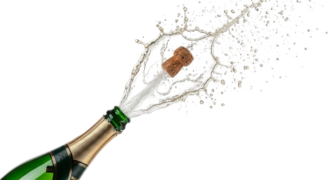 Champagne bottle explosion isolated on transparent background, celebrating a special occasion