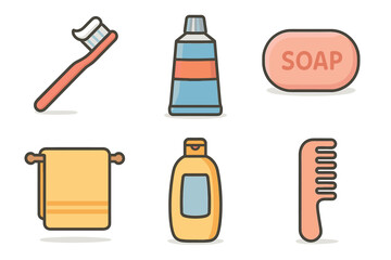 Daily hygiene essentials collection for personal care routines. Set of 6 vector illustration