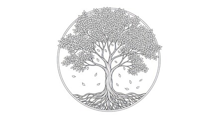 Tree of Life - Intricate Line Art Illustration in Circular Frame.