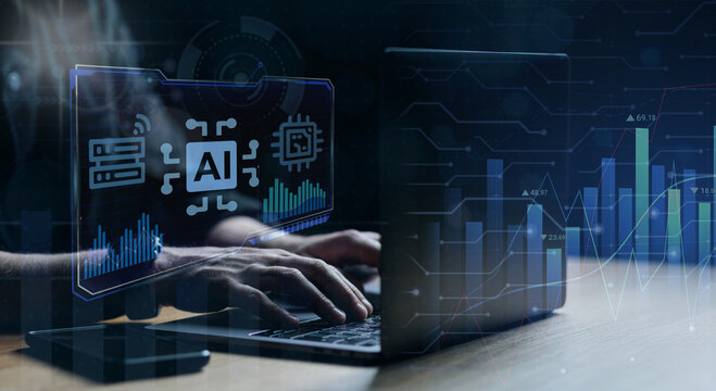 Person typing on laptop with glowing AI icons and digital data charts in a dark tech environment.
