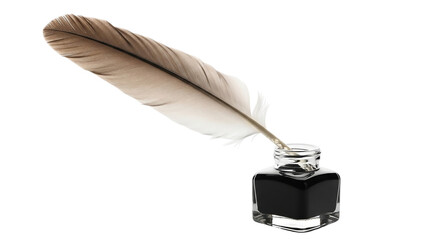 Feather quill pen in an inkwell isolated on transparent background for calligraphy