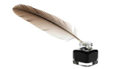 Feather quill pen in an inkwell isolated on transparent background for calligraphy