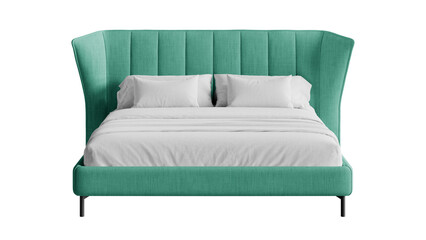 Modern bed with a blanket and pillows.