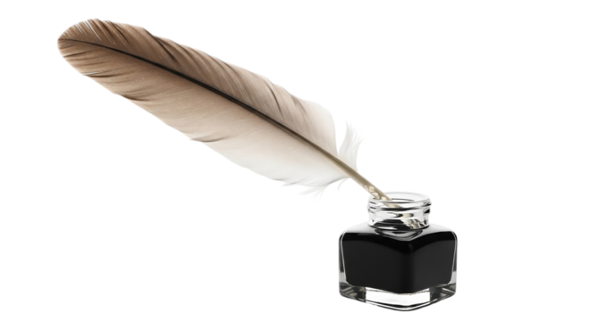 Feather quill pen in an inkwell isolated on transparent background for calligraphy
