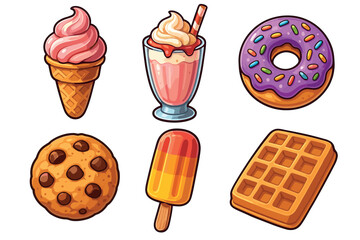 Sweet treats assortment for dessert lovers and summer parties. Set of 6 vector illustration