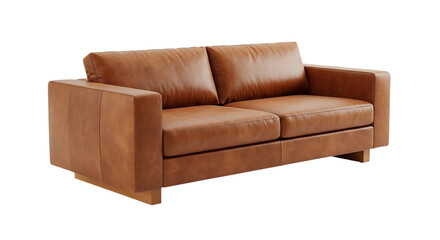 Modern brown leather sofa isolated on transparent background, perfect for living room