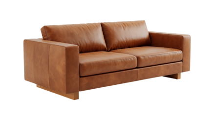 Modern brown leather sofa isolated on transparent background, perfect for living room