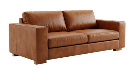 Stylish brown leather sofa isolated on transparent background, perfect for any interior