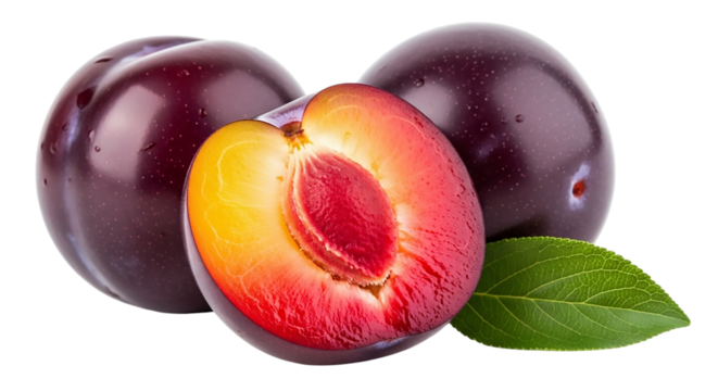 Two whole plums and a half plum isolated on transparent background, studio shot