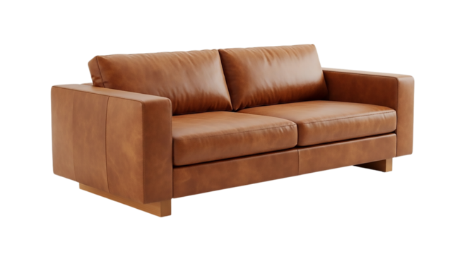 Modern brown leather sofa isolated on transparent background, perfect for living room