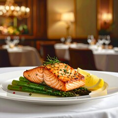 Gegrilltes Lachssteak mit grünem Spargel, serviert in einem gehobenen Restaurant
