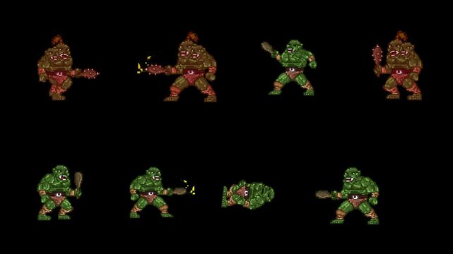 Animated video with several ogres in pixel art style on a black background, art, 2D, game.
