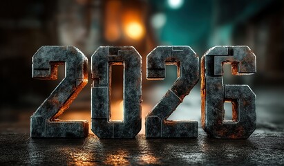 3d text 2026 in a metallic iron texture on a dark background with a blurred city street at night