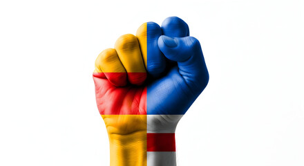 Raised fist painted with flags a symbol of unity and strength isolated on white background