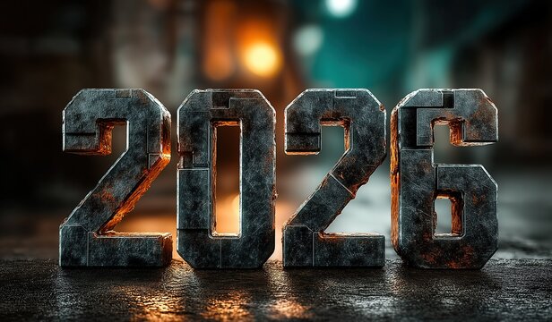 3d text 2026 in a metallic iron texture on a dark background with a blurred city street at night - Powered by Adobe