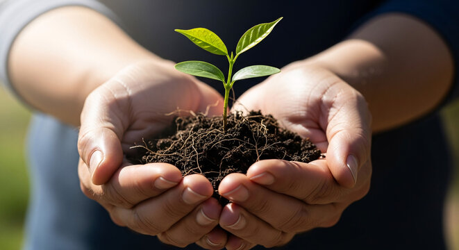 Close up of hands gently holding a young green seedling with soil symbolizing growth and new beginnings