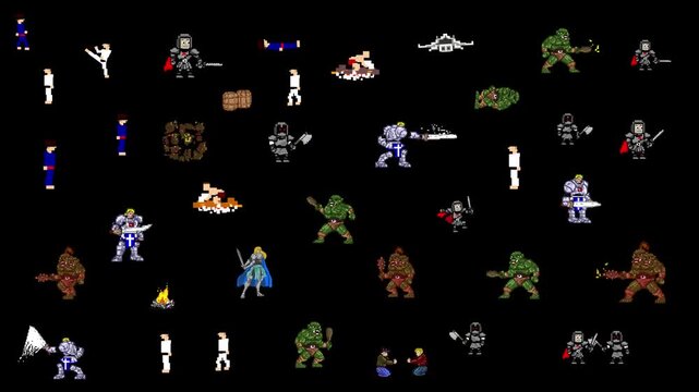 Animated video with several game characters in pixel style on a black background, art, 2D.