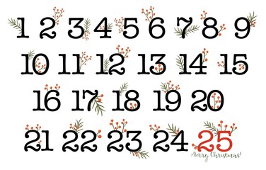 Watercolor Advent Calendar Numbers with Red Berries and Pine Branches | Christmas Countdown Clipart | Hand Painted Illustration