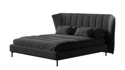 Black bed with a black headboard and black sheets. Furniture for colleges, marketing, and presentations.