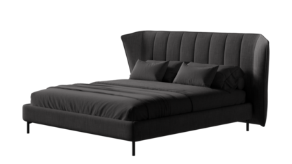 Black bed with a black headboard and black sheets. Furniture for colleges, marketing, and presentations.