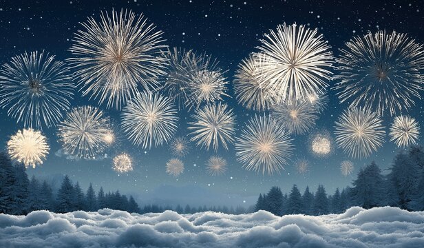 New Year celebration background with fireworks in the sky above a winter landscape of snow and a forest at night - Powered by Adobe