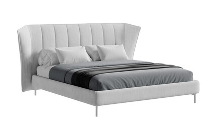 Modern white bed with bedding on an isolated background.