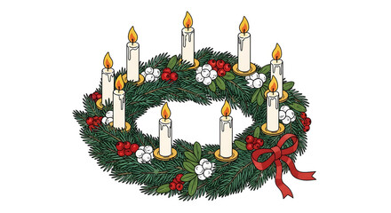 Festive Christmas wreath with lit candles decorated with red bows and white berries isolated on white background